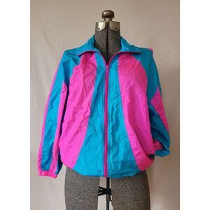 Vintage Bridge Gate Pink Blue Circus Tent Wind Breaker Size Medium 70s 80s‎